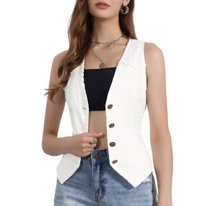 Denim Vest Sleeveless V Neck Washed Distressed Jean Jacket White